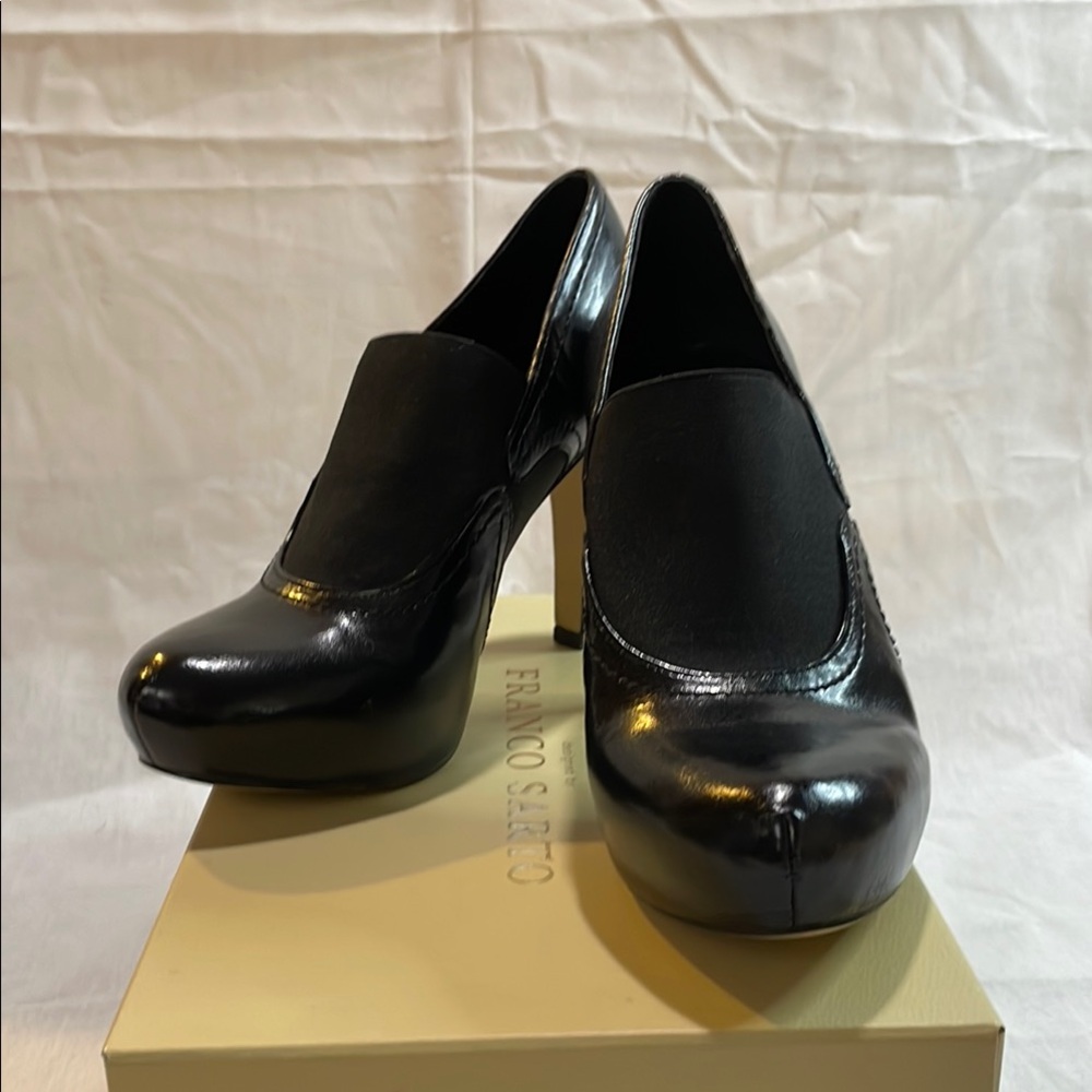 Franco Sarto Black Patent Leather Block Heels